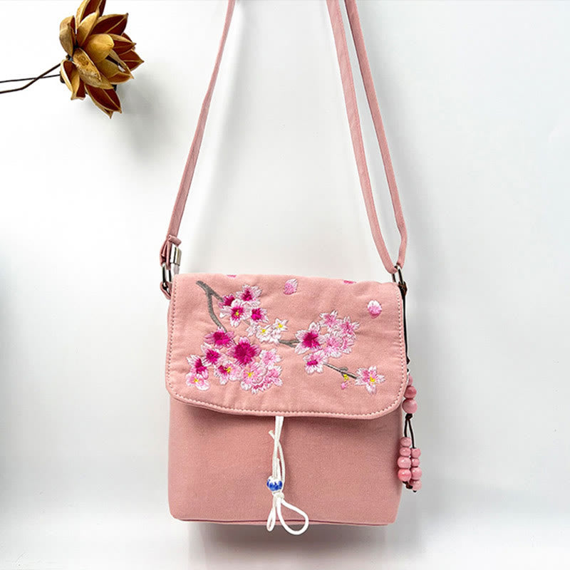 Bolso bandolera con bordado de camelia, epifilo, gardenia y flores de cerezo de Mythstone, bolso de hombro, bolso para teléfono móvil