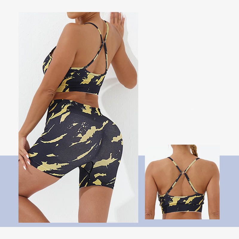 Mythstone 2Pcs Camo Print Backless Criss-Cross Strap Top Bra Shorts Leggings Pants Fitness Yoga Outfit Set