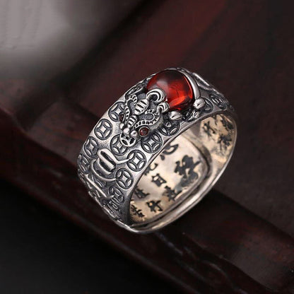 Anillo ajustable de riqueza con el sutra del corazón, vajra, dorje y rana del feng shui, piedra mítica, piedra Genstone PiXiu 