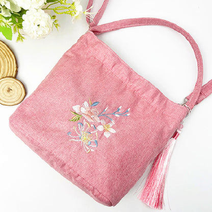 Mythstone Embroidery Wisteria Plum Lotus Cherry Blossom Cotton Linen Canvas Tote Crossbody Bag Shoulder Bag Handbag