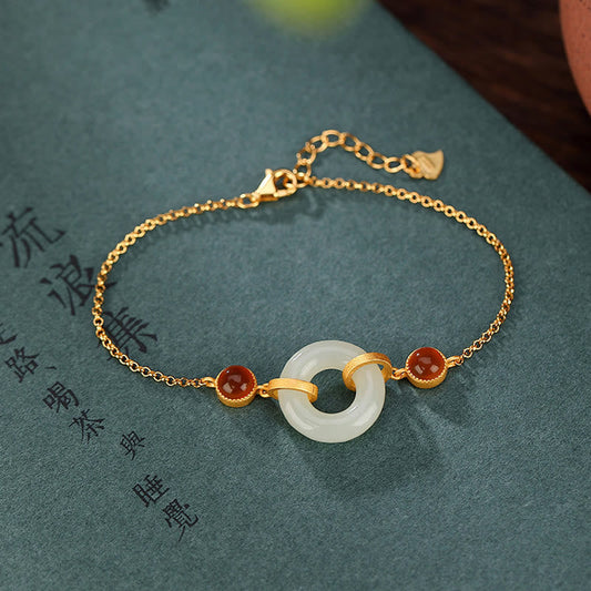 Mythstone 925 Sterling Silver Plated Gold Natural Hetian Jade Peace Buckle Red Agate Luck Bracelet