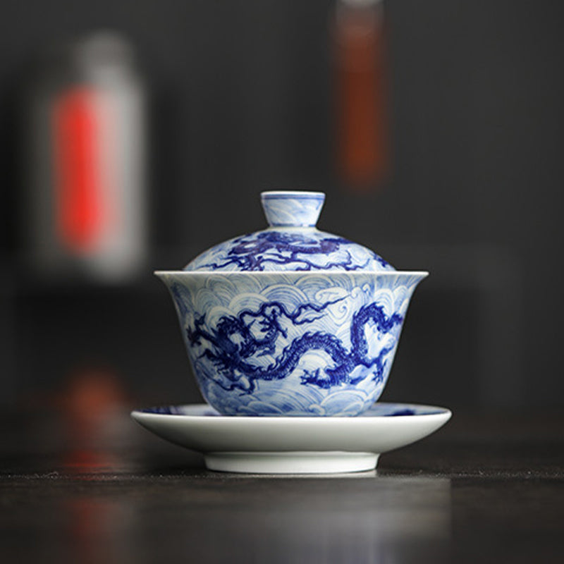 Mythstone Blue and White Dragon Pattern Porcelain Gaiwan Sancai Teacup Kung Fu Tea Cup And Saucer With Lid