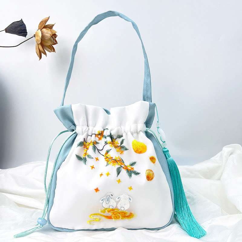 Mythstone Suzhou Embroidery Rabbit Lotus Epiphyllum Peony Magnolia Silk Tote Crossbody Bag Shoulder Bag Handbag