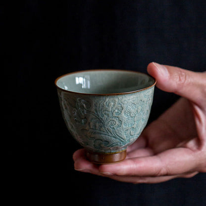 Mythstone Lotus Carved Ceramic Teacup Kung Fu Tea Cup