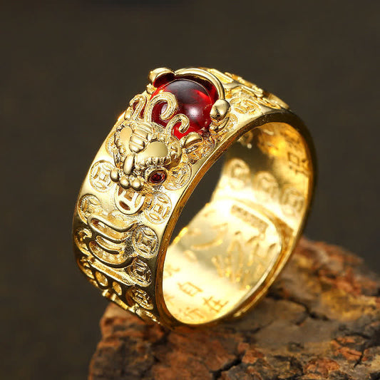 Mythstone FengShui PiXiu Red Garnet Heart Sutra Wealth Ring