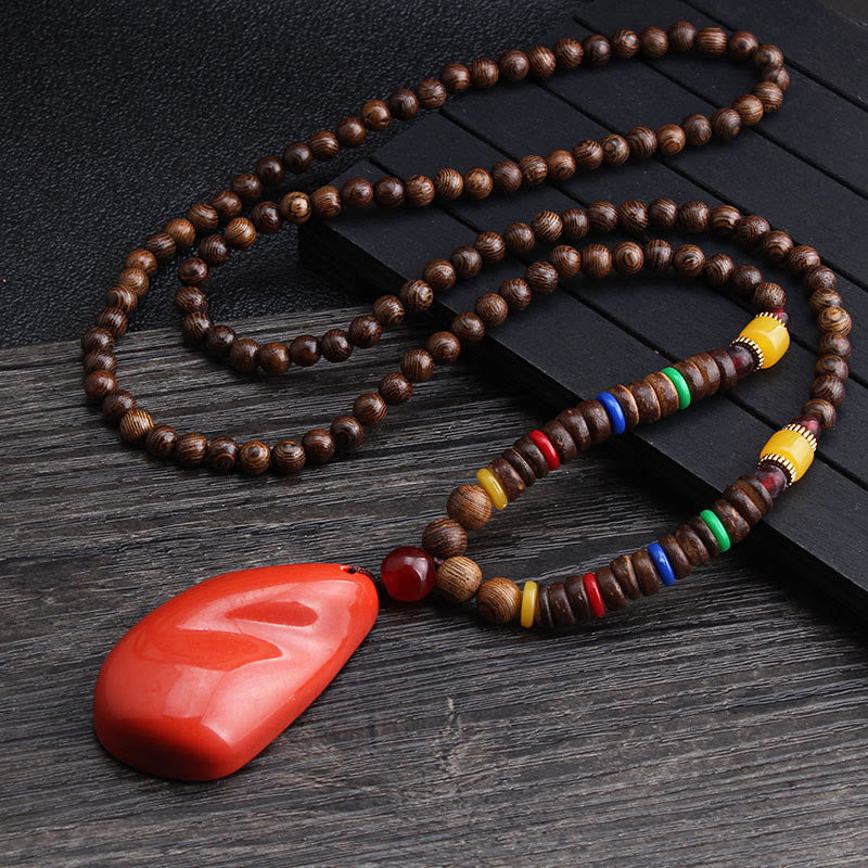 Mythstone Tibetan Wenge Wood Bodhi Seed Agate Balance Peace Necklace Pendant