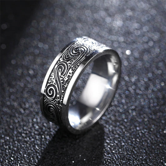 Mythstone Vintage Wave Auspicious Clouds Engraved Pattern Titanium Steel Balance Ring