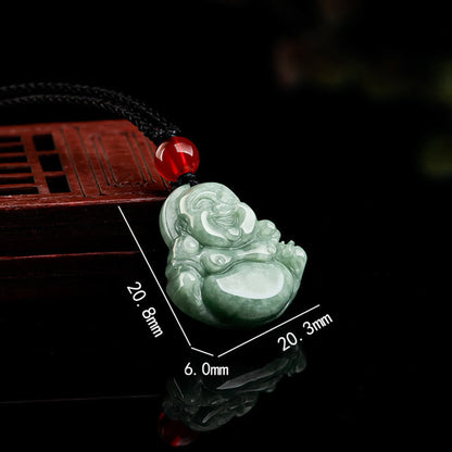 Mythstone Natural Green Jade Laughing Buddha Luck Abundance Necklace Pendant