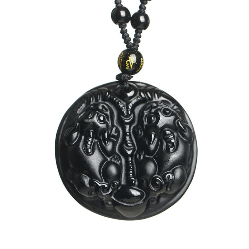 Mythstone Black Obsidian Double Pixiu Bead Rope Purification Necklace Pendant