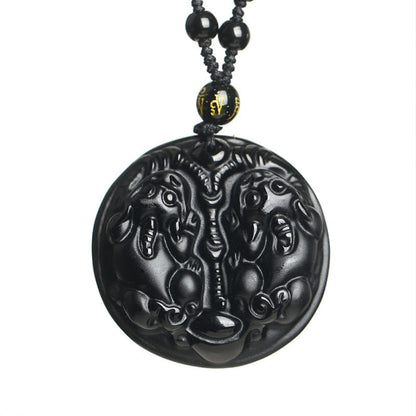 Mythstone Black Obsidian Double Pixiu Bead Rope Purification Necklace Pendant