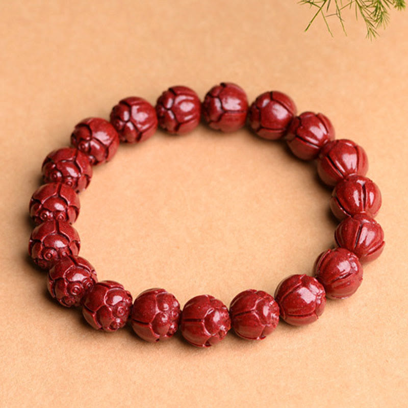 Mythstone Natural Cinnabar Om Mani Padme Hum Fret Pattern Lotus Blessing Bracelet