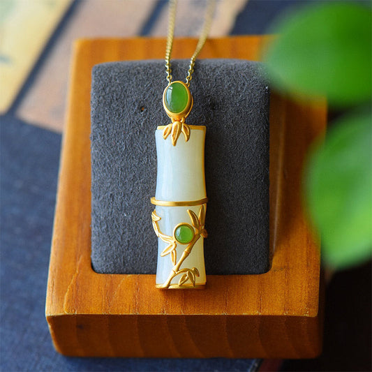 Mythstone White Jade Cyan Jade Bamboo Protection Necklace Pendant