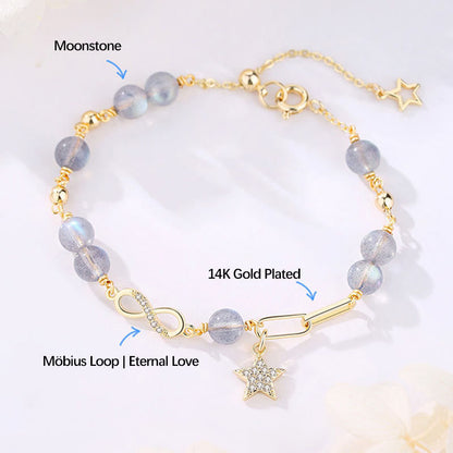 Mythstone 14K Gold Plated Natural Strawberry Quartz Moonstone Möbius Loop Eternal Love Star Positive Bracelet