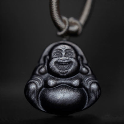 Mythstone Natural Silver Sheen Obsidian Laughing Buddha Protection Necklace Pendant