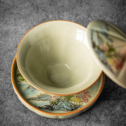 Mythstone Pine Mountain Forest Landscape Ceramic Gaiwan Sancai Teacup Kung Fu Tea Cup And Saucer With Lid