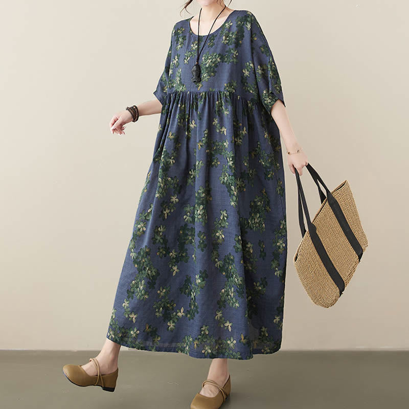 Mythstone Blue Brown Flowers Midi Dress Cotton Half Sleeve Tunic Dress With Pockets