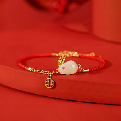 Pulsera de hilo rojo con bendición de la suerte y jade blanco hetiano del año del conejo en plata de ley 925 de Mythstone 