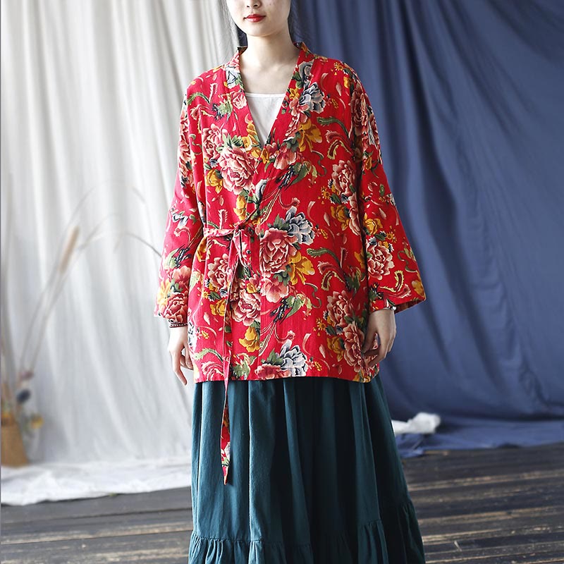 Mythstone Ethnic Style Northeast Red Flower Peony Print Cotton Linen Lace Up Jacket