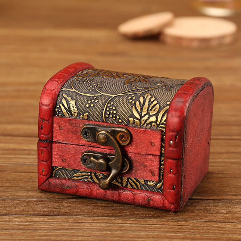 Mythstone Retro Small Wood Jewelry Box Lotus Golden Grape Copper Coin Daffodil Grass Flower Jewelry Storage Box