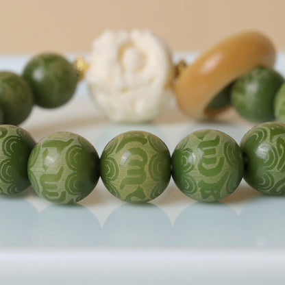 Mythstone Green Bodhi Seed Ivory Fruit Dancing Lion Om Mani Padme Hum Engraved Peace Bracelet