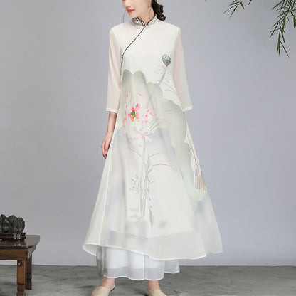 Mythstone Lotus Flower Pod Chiffon Cheongsam Midi Dress Meditation Zen Practice Clothing