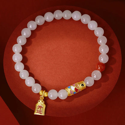 Pulsera de plata de ley 925 con diseño de pez koi, jade blanco hetiano, ágata roja y suerte