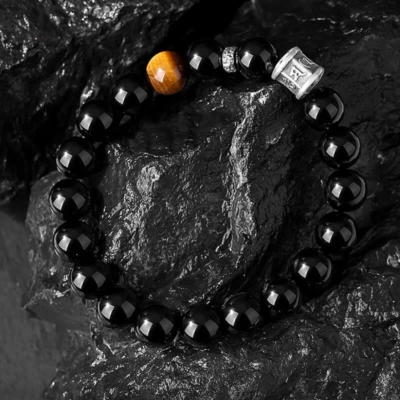 Pulsera de plata de ley 999 con obsidiana negra y ojo de tigre con Om Mani Padme Hum 