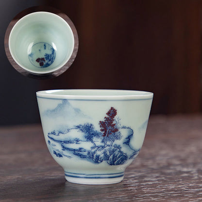 Mythstone Blue Landscape Mountains Lotus Cute Cat Pavilions Magnolia Reed Egrets Ceramic Teacup Small Kung Fu Tea Cup