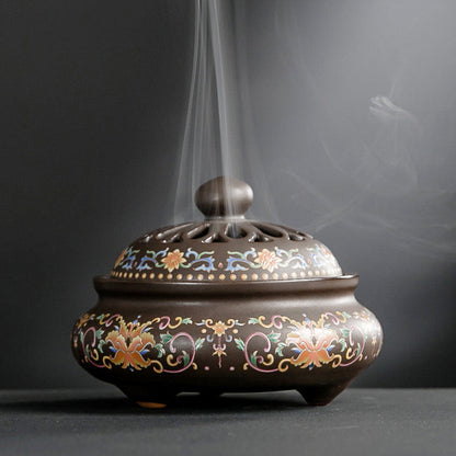 Mythstone Dragon Floral Pattern Backflow Smoke Fountain Ceramic Meditation Incense Burner Decoration