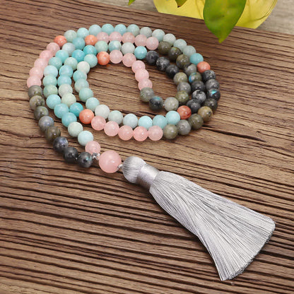 108 Mala Beads Amazonite Black Glitter Stone Positive Tassel Bracelet