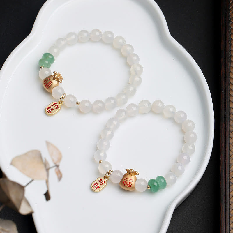 Mythstone Natural White Agate Red Agate Money Bag Fu Character Four Leaf Clover Protection Bracelet