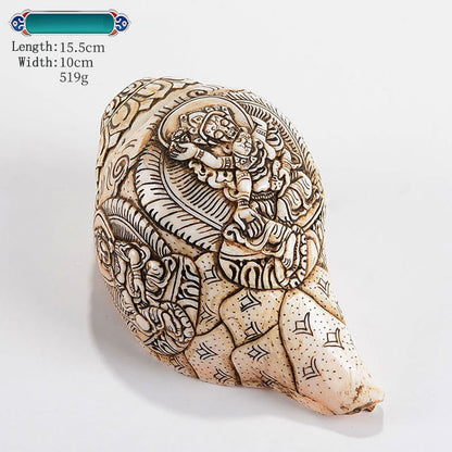 Mythstone Tibetan Handmade Engraved Shankha Buddha Avalokitesvara Conch Shell Wealth Decoration