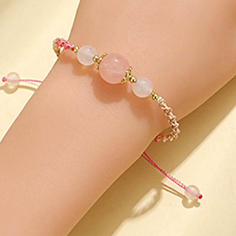 Mythstone Strawberry Quartz Pink Crystal Prehnite White Agate Bead Healing Rope Bracelet