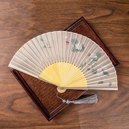 Mythstone Jasmine Lotus Begonia Flowers Handheld Bamboo Folding Fan