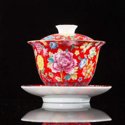 Mythstone Peony Flowers Ceramic Gaiwan Sancai Teacup Kung Fu Tea Cup And Saucer With Lid