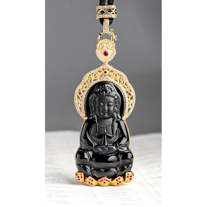 Colgante de plata de ley 925 con jade negro natural y símbolo de la riqueza de Kwan Yin Avalokitesvara