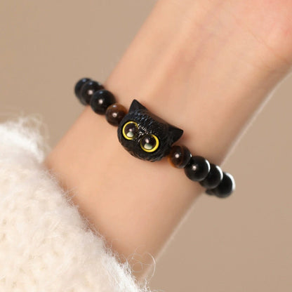 Mythstone Cute Ebony Wood Cat Head Pattern Peace Bracelet