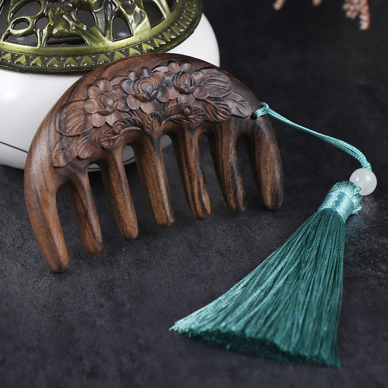 Mythstone Green Sandalwood Plum Blossom Flowers Lotus Koi Fish Engraved Soothing Tassel Comb