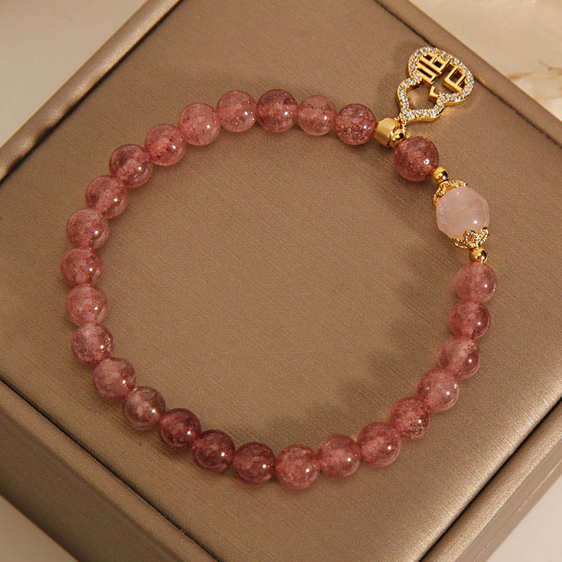 MythStone Strawberry Quartz Gourd Fu Character Charm Positive Bracelet