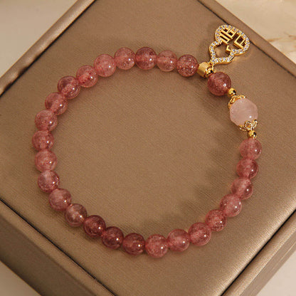 MythStone Strawberry Quartz Gourd Fu Character Charm Positive Bracelet