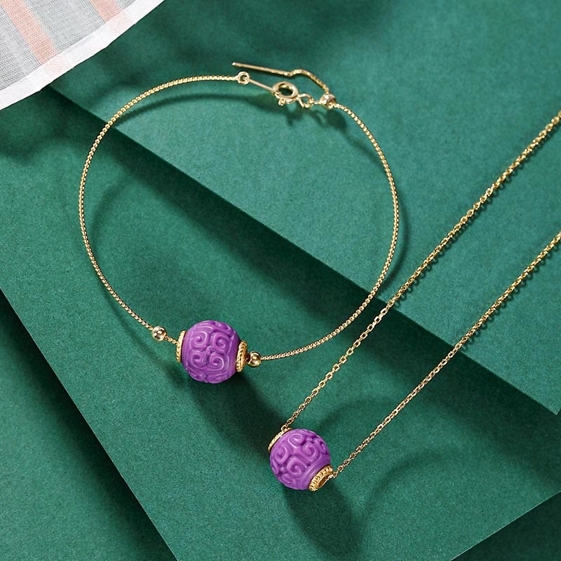 Mythstone 925 Sterling Silver Plated Gold Natural Purple Mica Stone Relief Bead Positive Necklace Pendant Bracelet Set