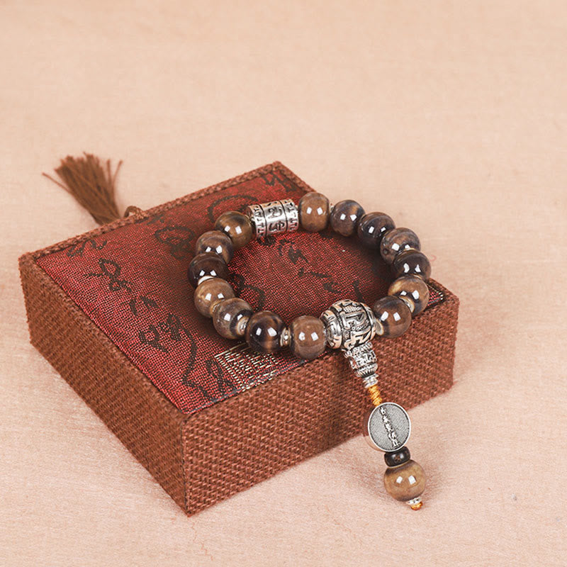 MythStone Tibet Om Mani Padme Hum Prayer Wheel Dorje Vajra Engraved Glass Bead Wisdom Bracelet