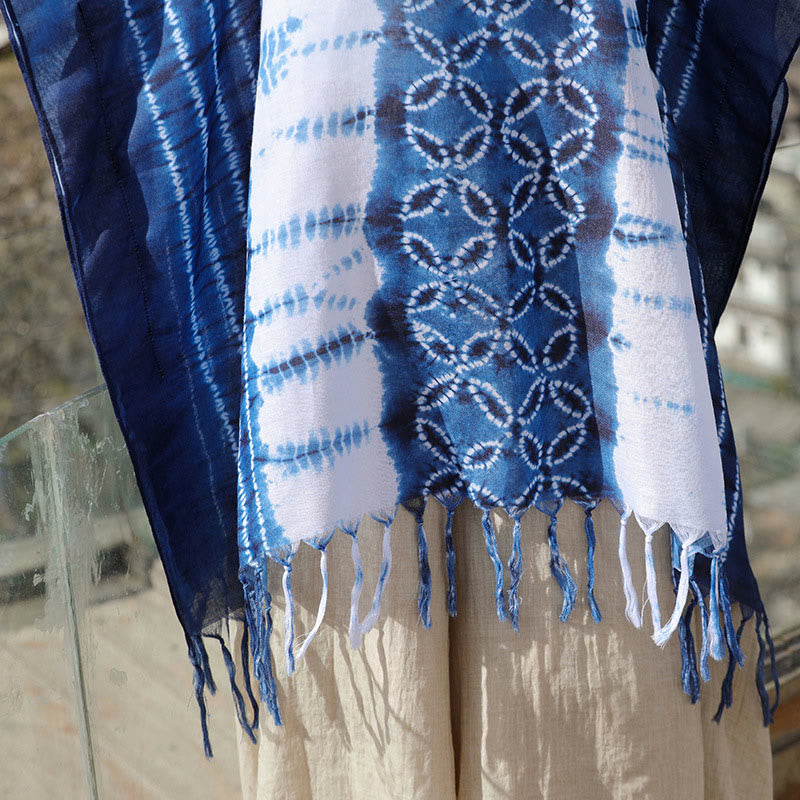 Mythstone Blue White Striped Indigo Dyeing Shawl Tassels Cozy Pullover 90*95cm