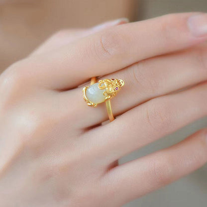 Mythstone 18k Gold-plated Pixiu Jade Wealth Ring