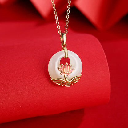 Mythstone 925 Sterling Silver Hetian White Jade Lotus Flower Blessing Necklace Pendant