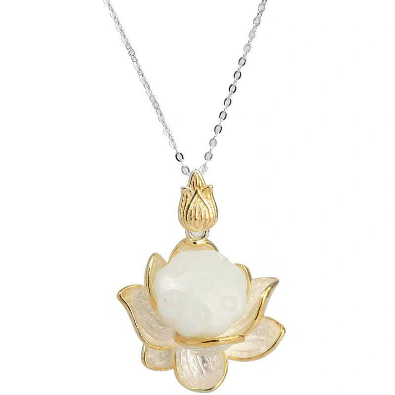 Mythstone White Jade Lotus Flower Happiness Necklace