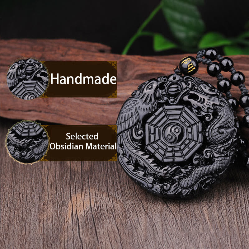 Mythstone Bagua Dragon Phoenix Obsidian Fulfilment Pendant Necklace