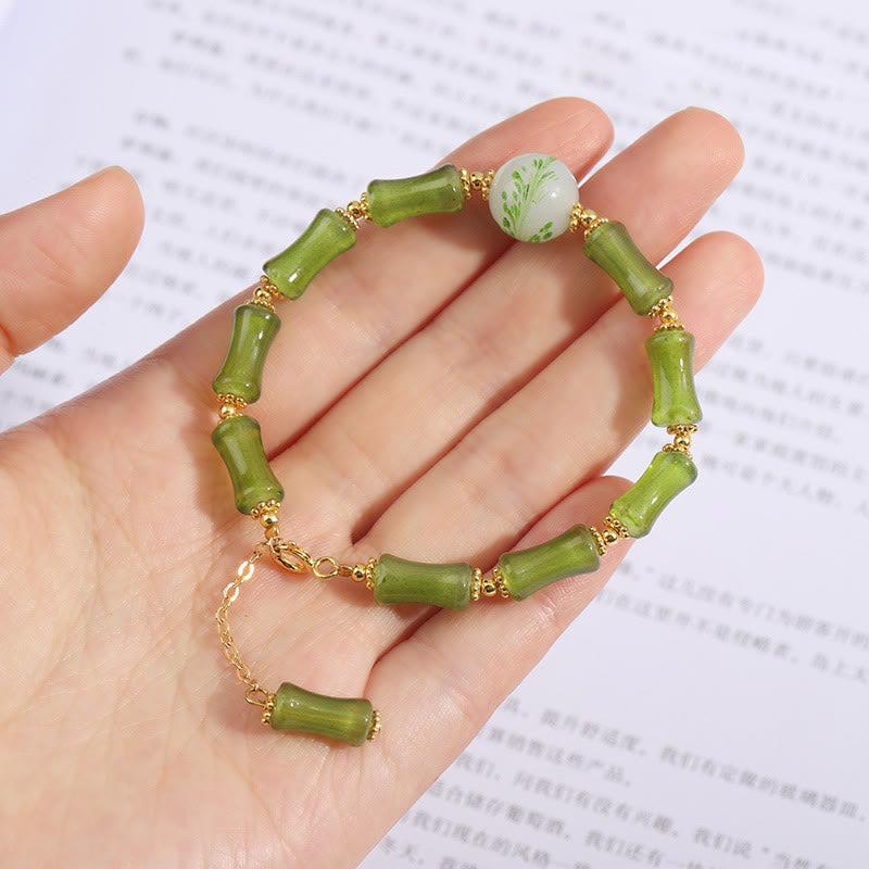 Mythstone Green Bamboo Pattern Liuli Crystal Moss Agate Wealth Chain Bracelet