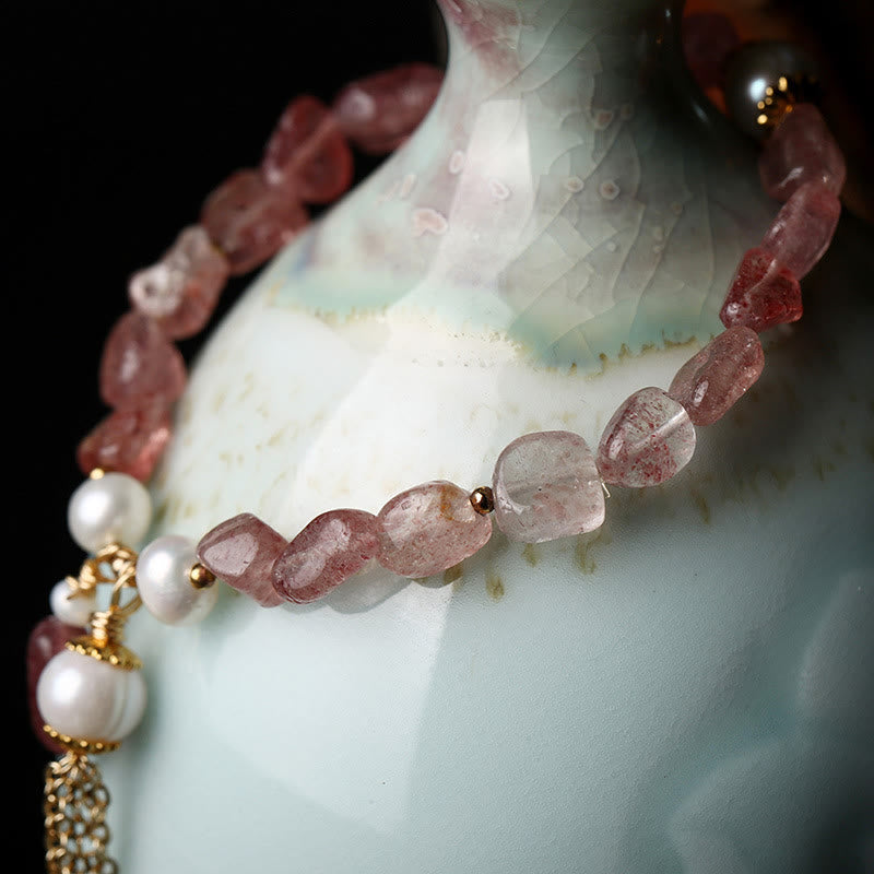 Mythstone Natural Strawberry Quartz Pearl 14k Gold Plated Love Healing Bracelet