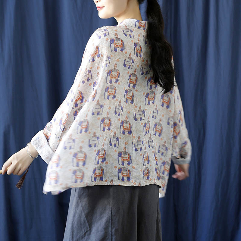 Mythstone Elephant Print Frog-button Design Batwing Long Sleeve Ramie Linen Jacket Shirt